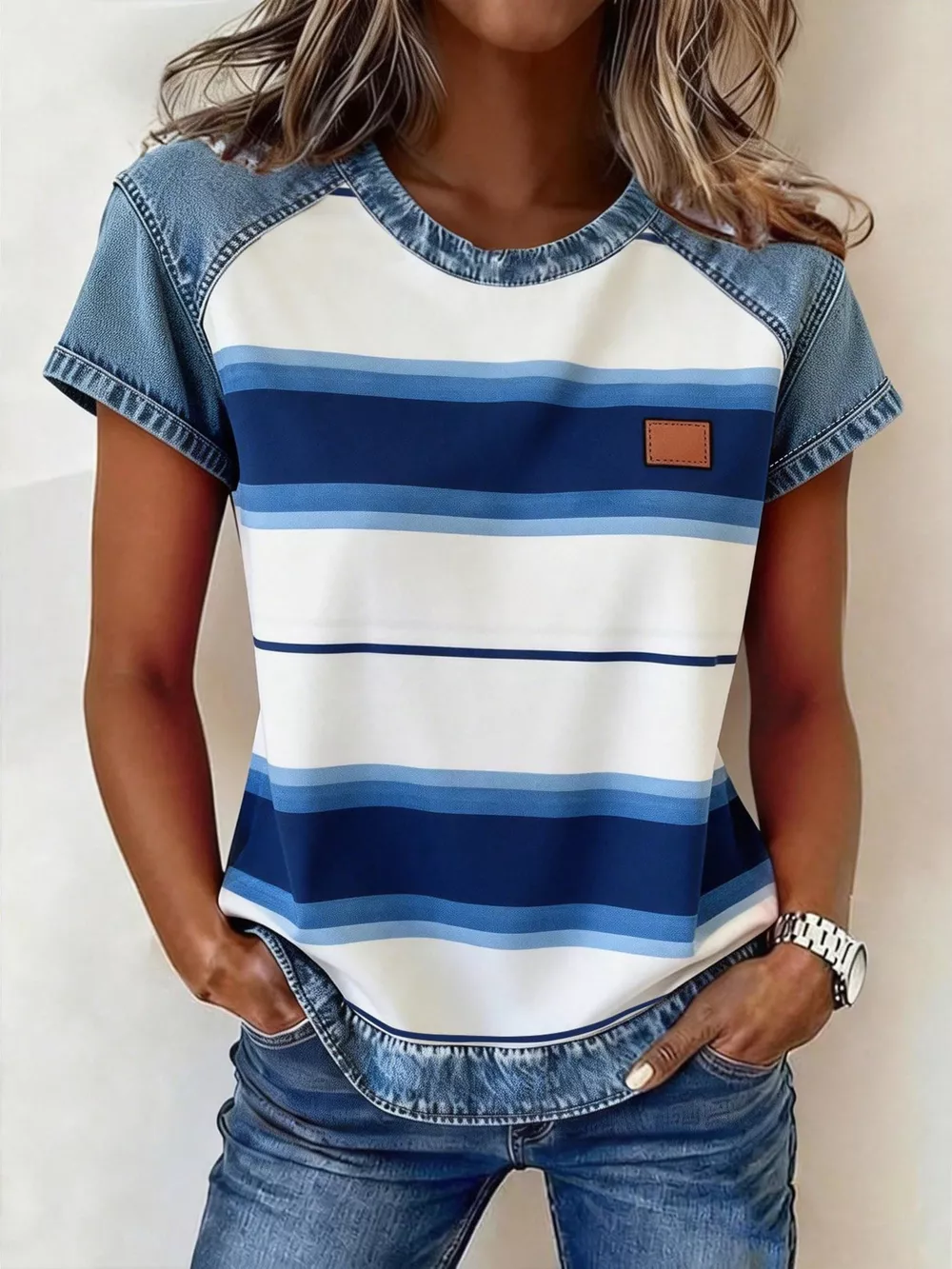 Denim Patchwork Short Sleeve Blouse, image 13