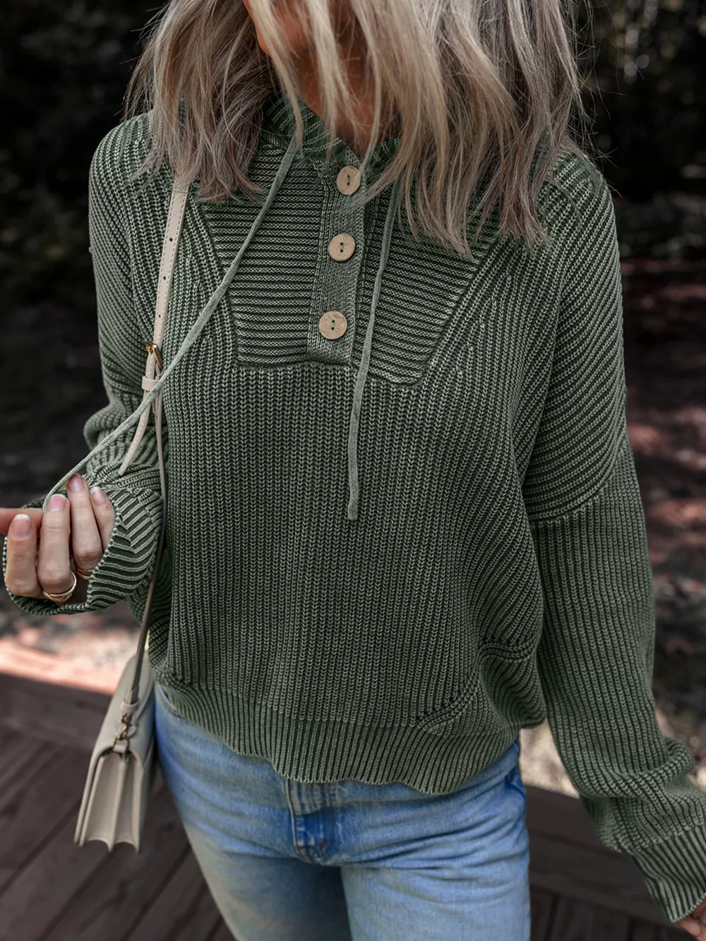 Mineral Wash Ribbed Knit Button Drawstring Neck Hooded Sweater