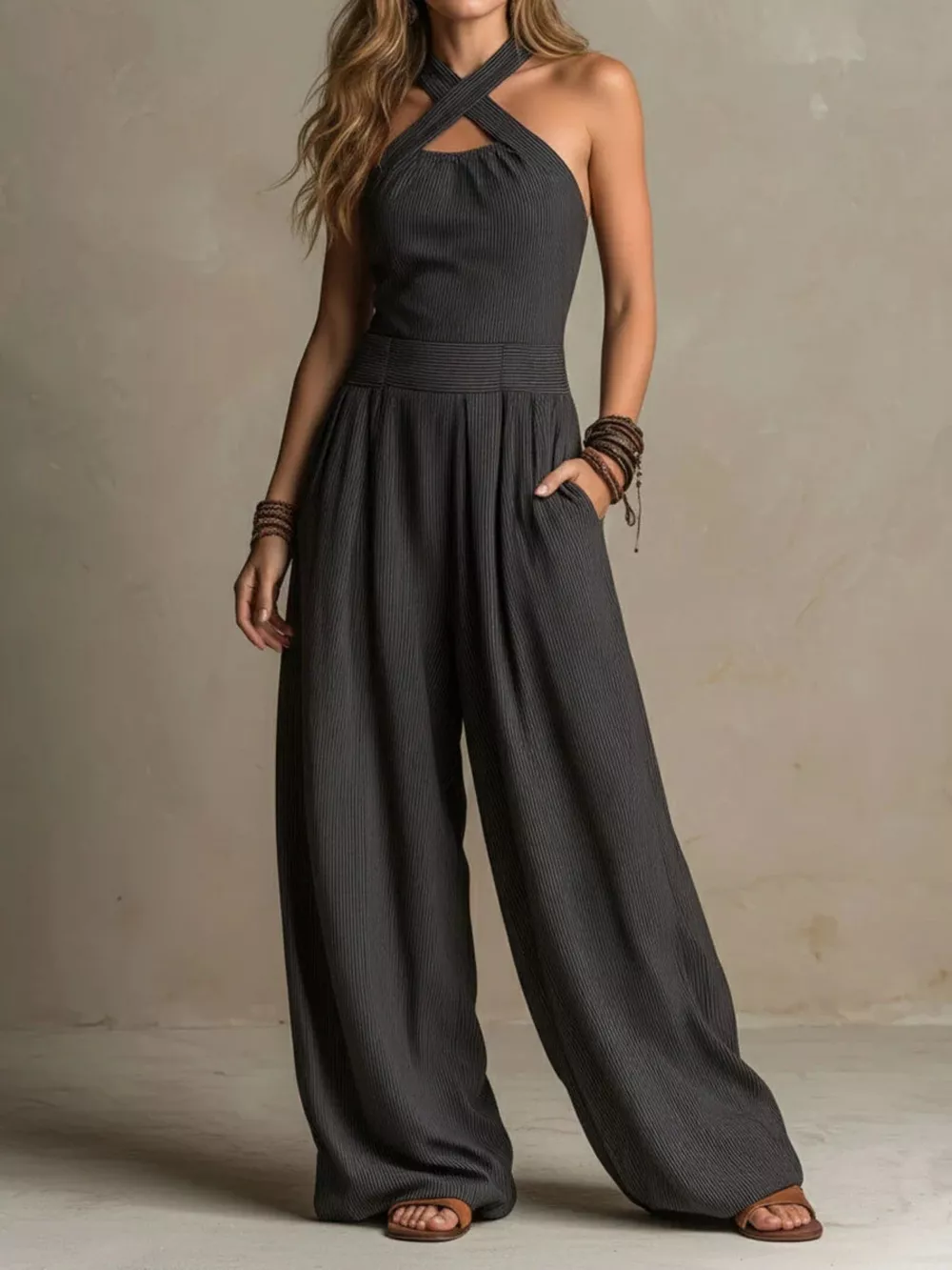 Full Size Halter Neck Wide-Leg Jumpsuit Plus Size, image 3