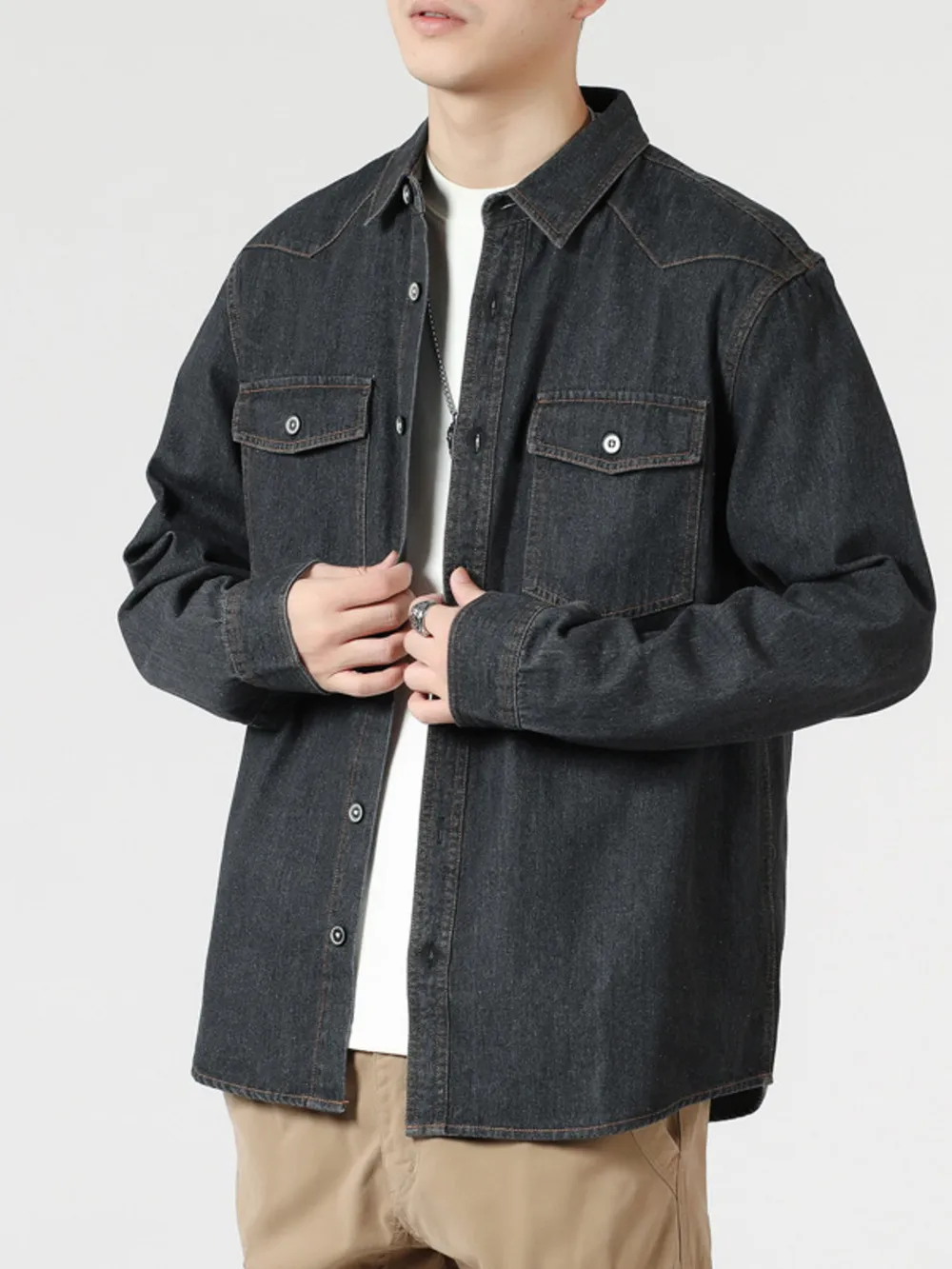 Men's Plus Size Washed Button Down Denim Shirt, image 5