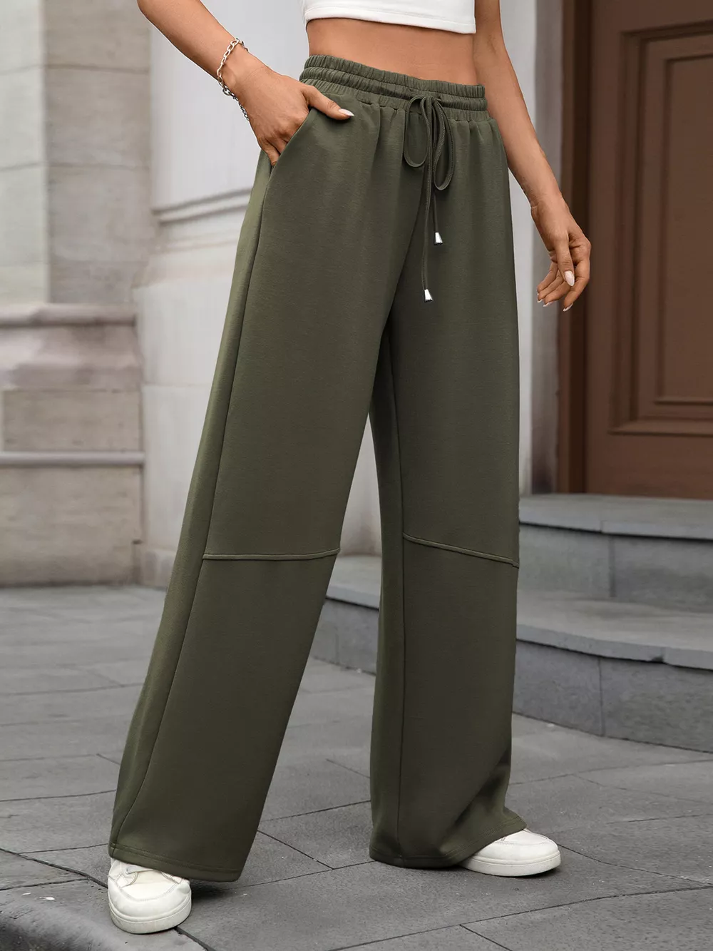 Drawstring High Waist Wide Leg Casual Pants, image 24