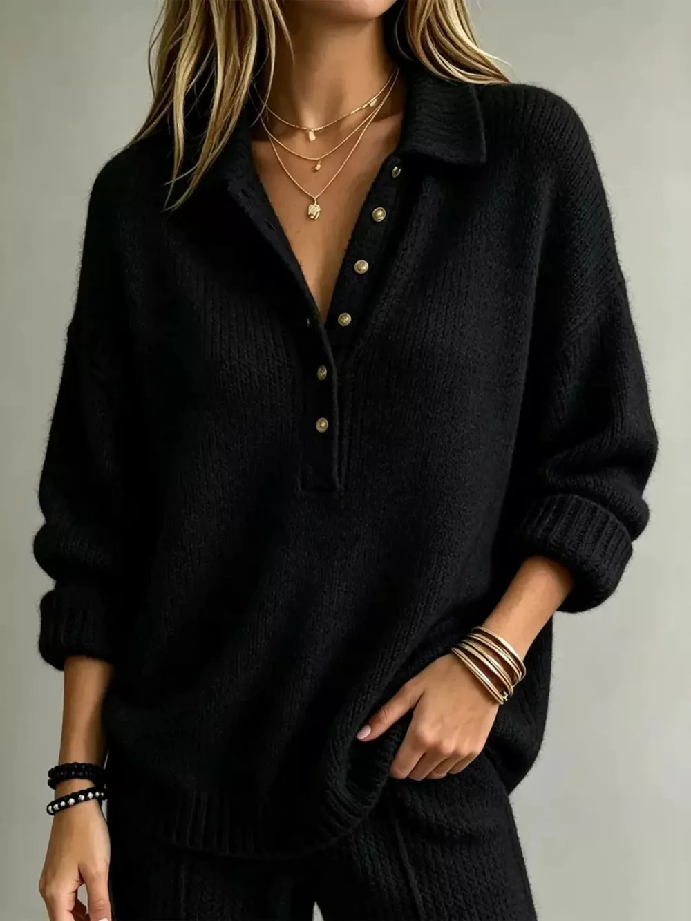 Full Size Button Detail Dropped Shoulder Sweater Plus Size, image 4