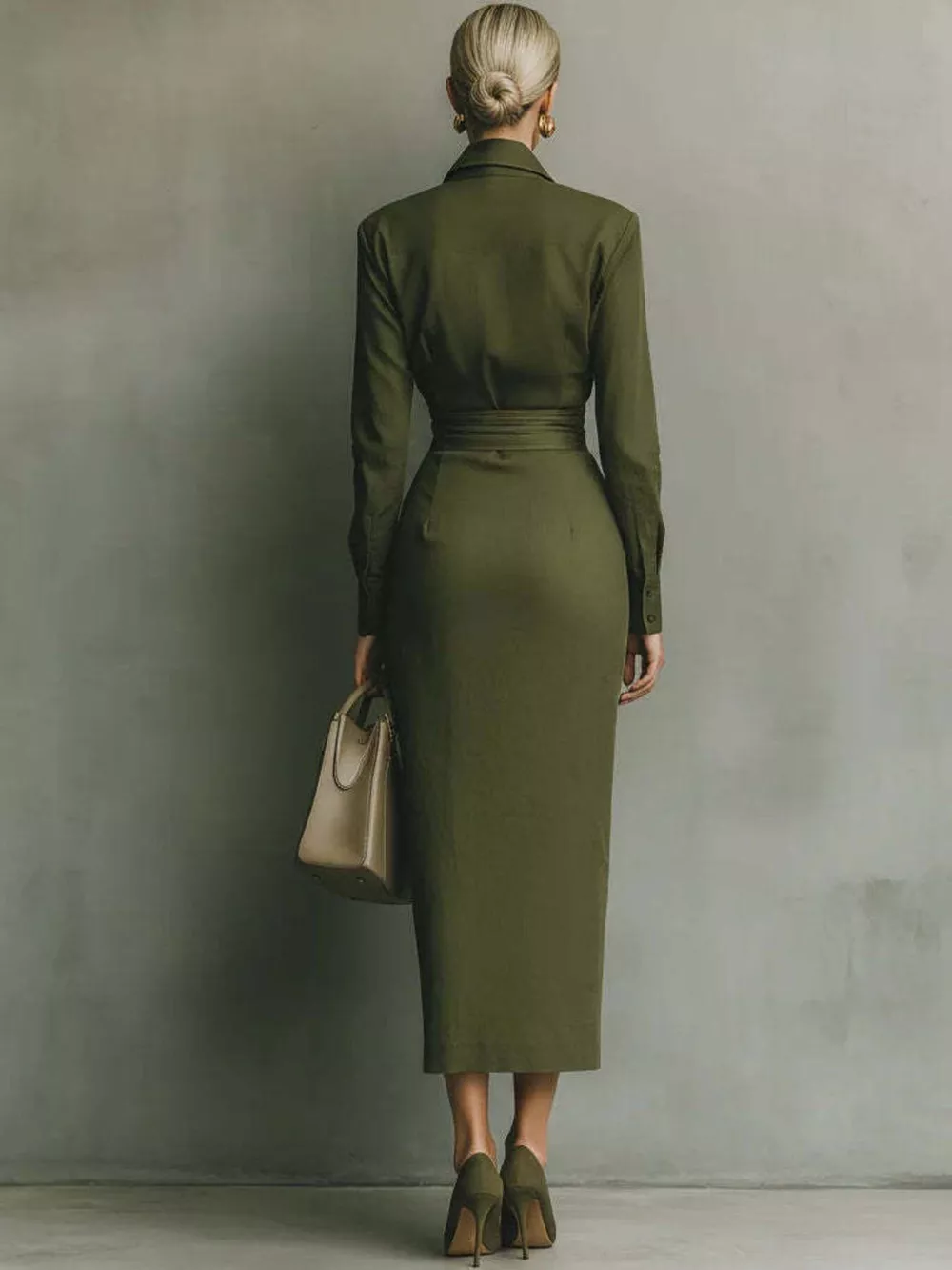 Long-Sleeve Wrap Midi Shirt Dress, image 2