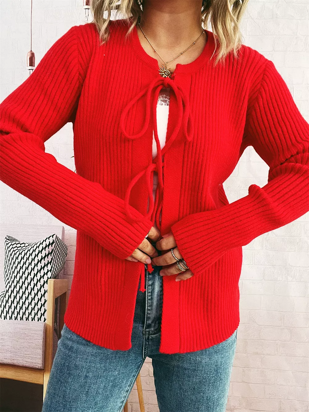 Ribbed Tie Front Long Sleeve Cardigan, image 10