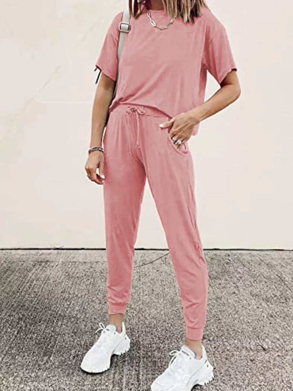 Full Size Round Neck Top and Drawstring Pants Set Plus Size, image 2