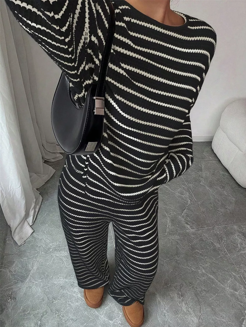 Striped Knit Dropped Shoulder Top and Pants Set, image 5