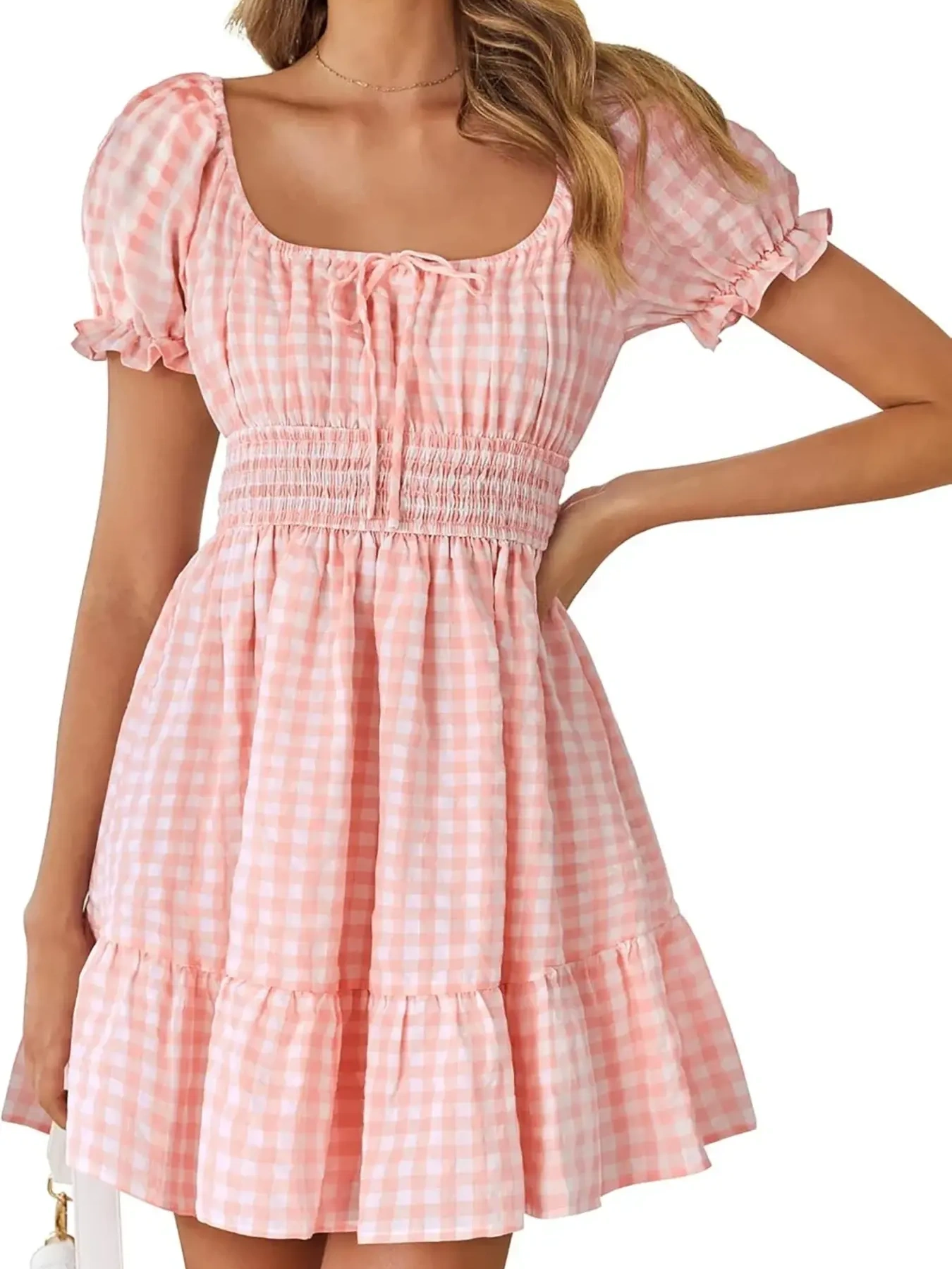 Gingham Smocked Puff Sleeve Summer Dress, image 13