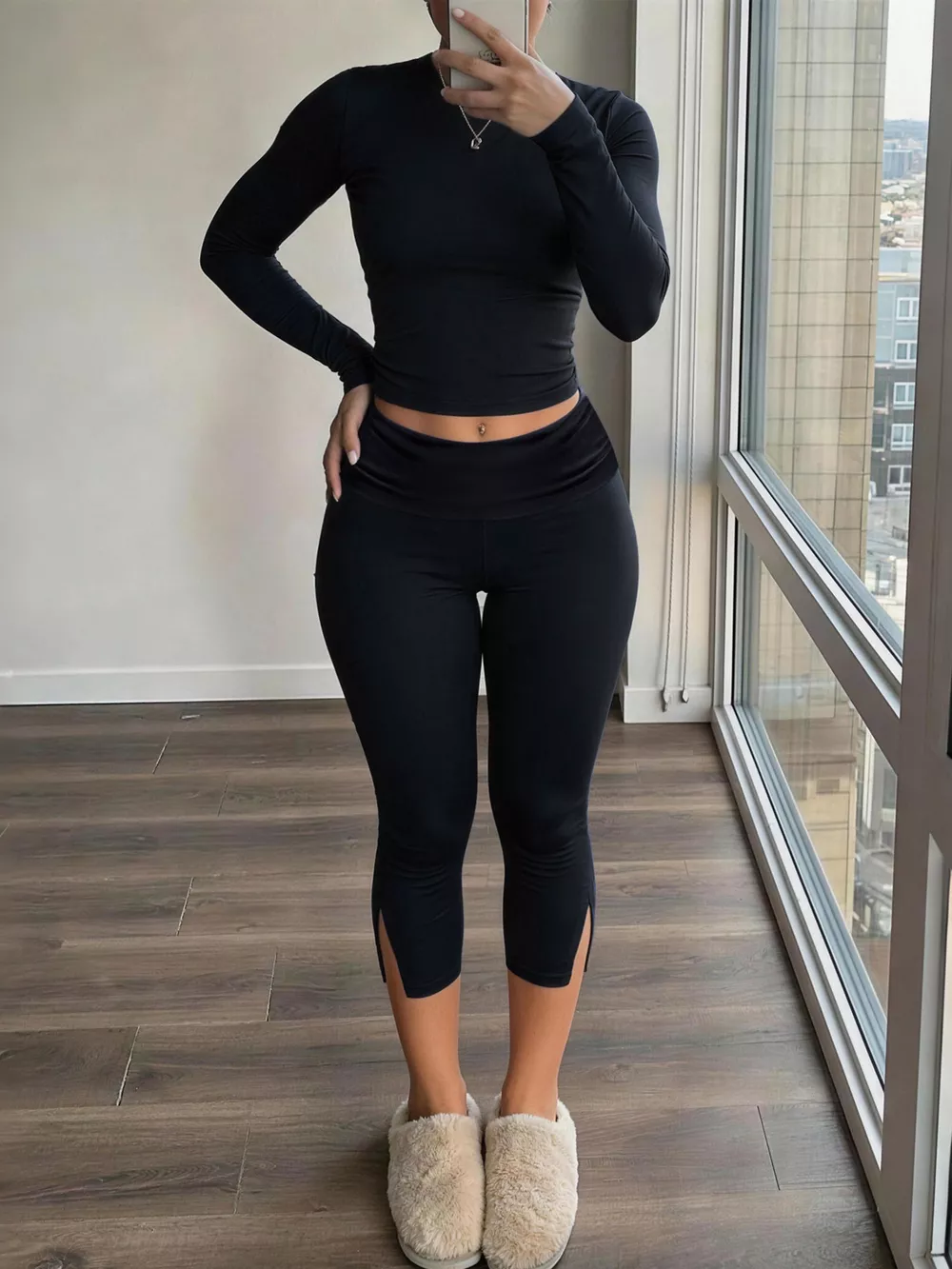 Slim-Fit Long Sleeve Crop Top and High-Waisted Split-Hem Leggings Set
