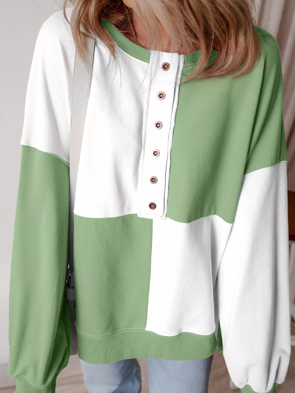 Colorblock Henley High Low Oversize Sweatshirt, image 4