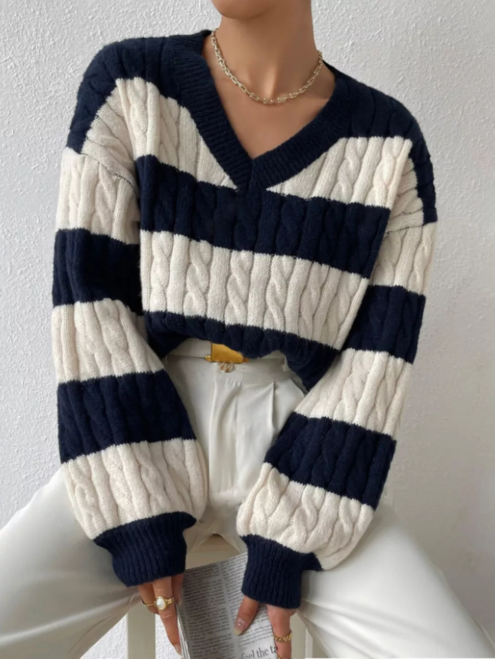V-Neck Striped Cable Knit Sweater, image 2