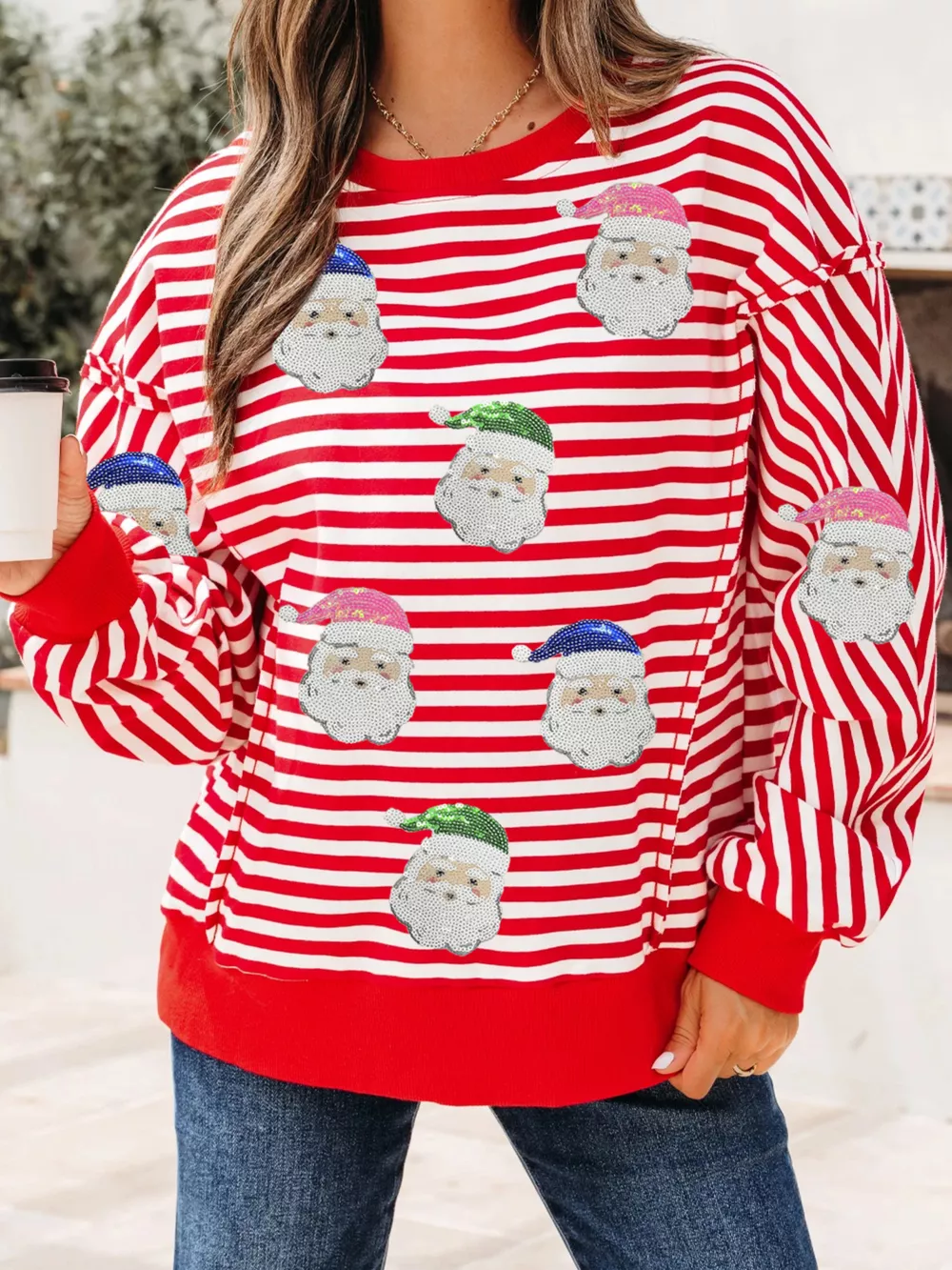 Stripe Sequin Santa Round Neck Raw Seam Detail Christmas Long Sleeve Top