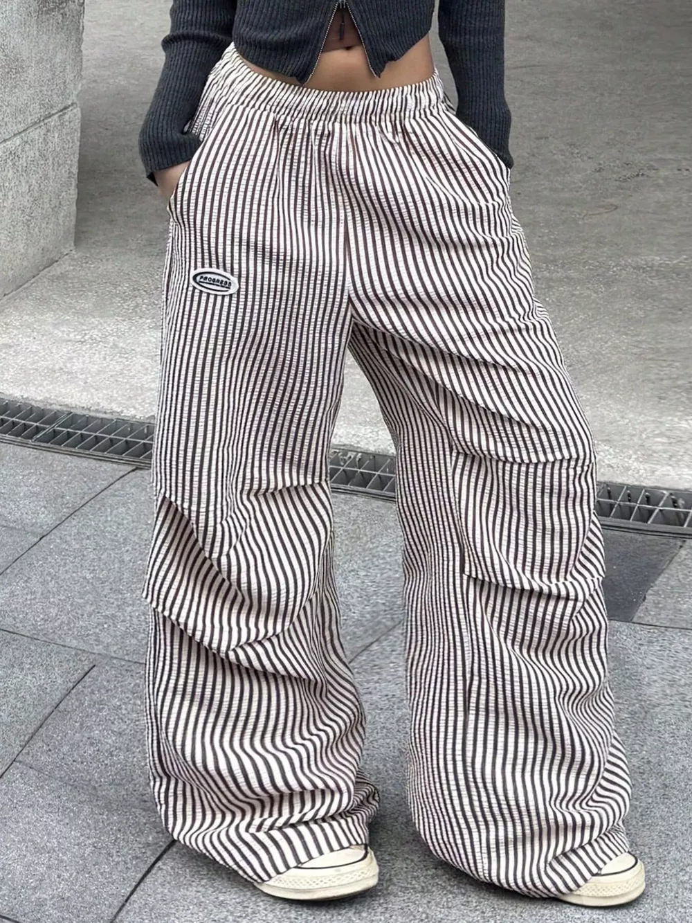 High-Waisted Striped Wide-Leg Cargo Pants with Drawstring, image 8