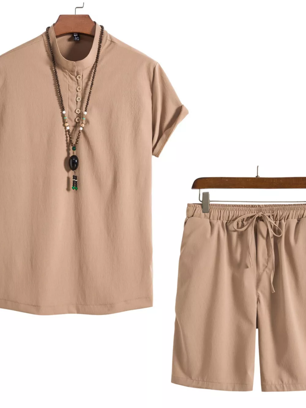 Men's Plus Size Casual Mandarin Collar Short Sleeve Shirt and Shorts Set, image 3