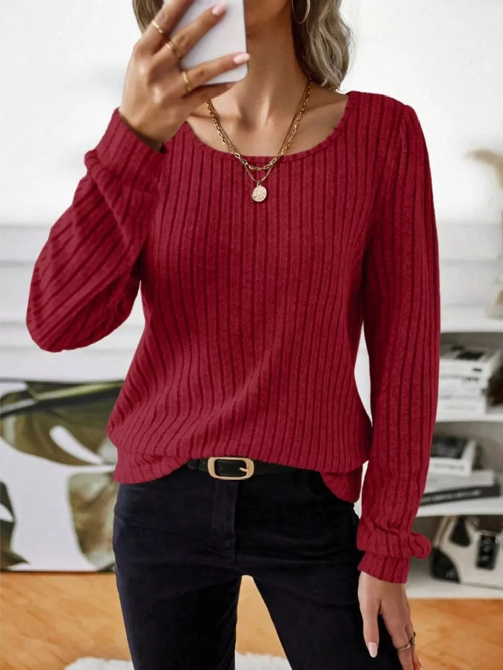 Ribbed Knit Long Sleeve T-Shirt, image 11