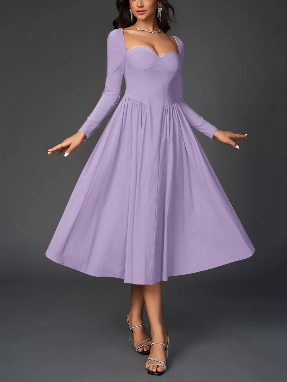 Sweetheart Neckline Long Sleeve A-Line Midi Dress, image 21
