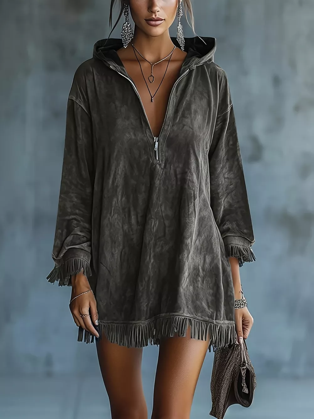 Full Size Hooded Fringed Half Zip Mini Dress Plus Size, image 2