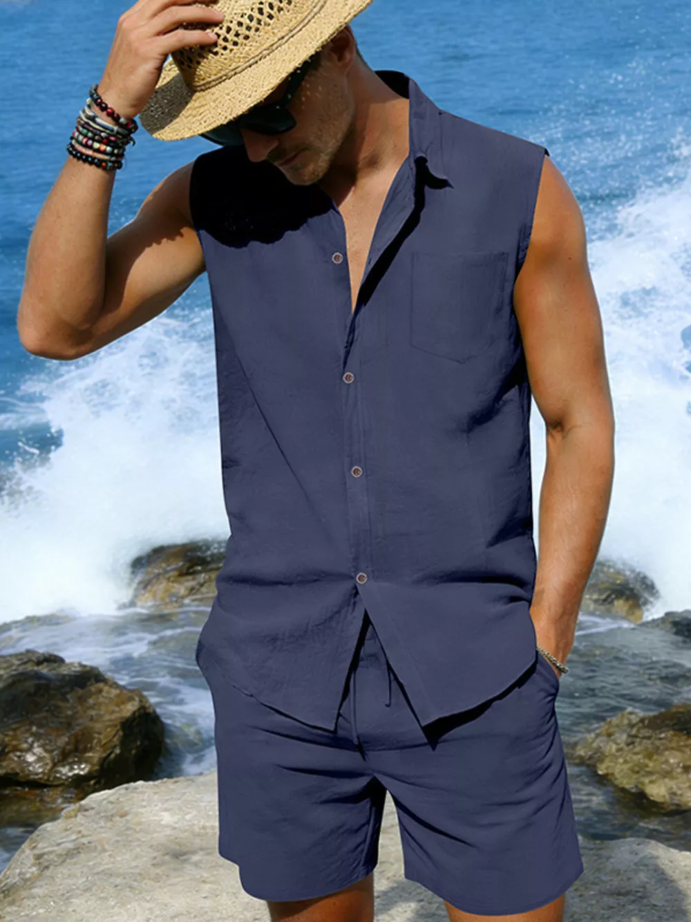 Men's Full Size Button Up Sleeveless Top and Shorts Plus Size, image 4