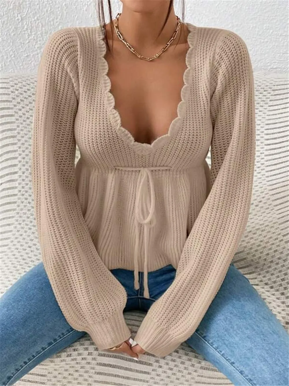 Scalloped V-Neck Drawstring Knit Top, image 14