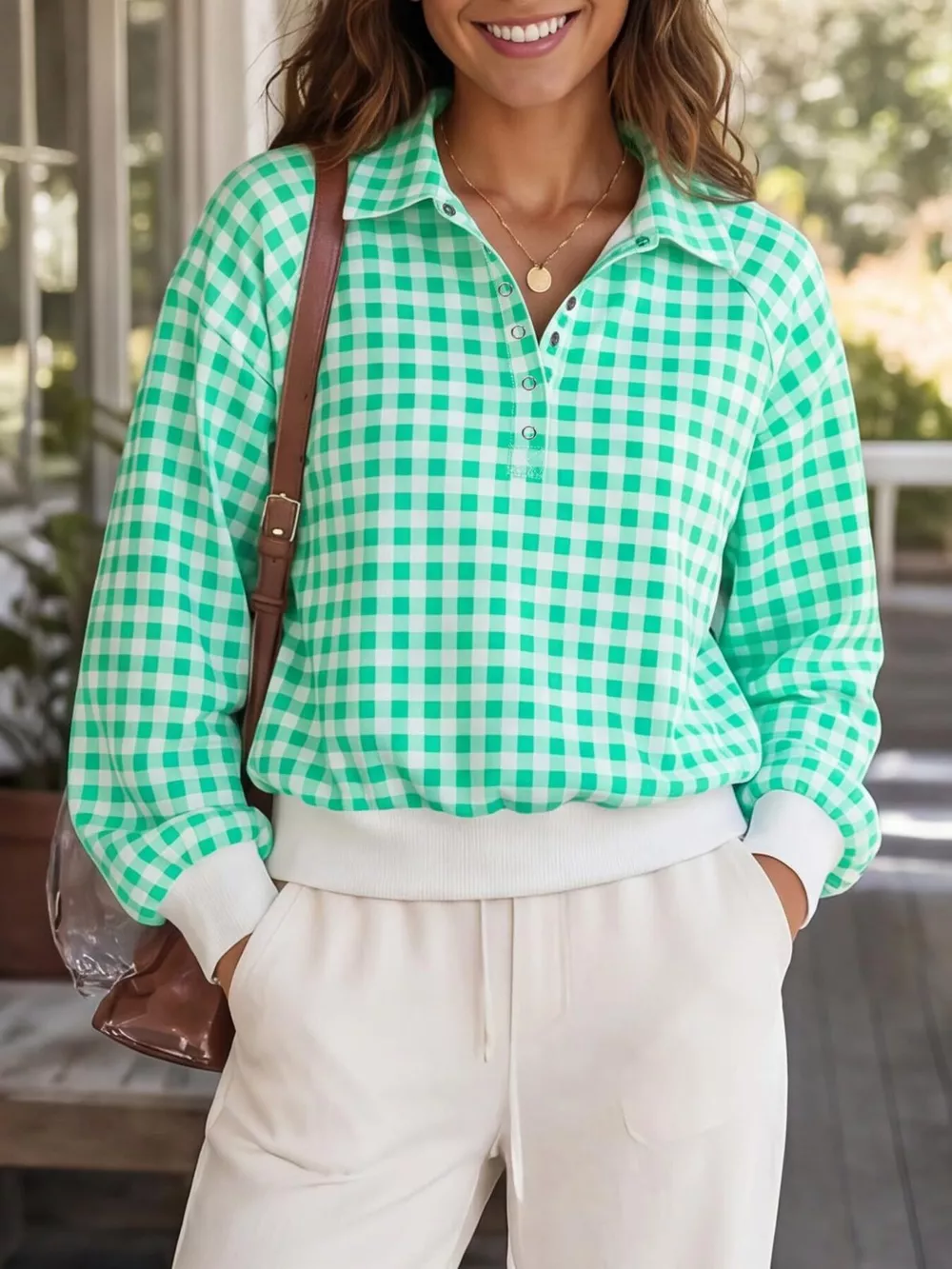 Gingham Plaid Collared Sweatshirt with Ribbed Hem, image 9