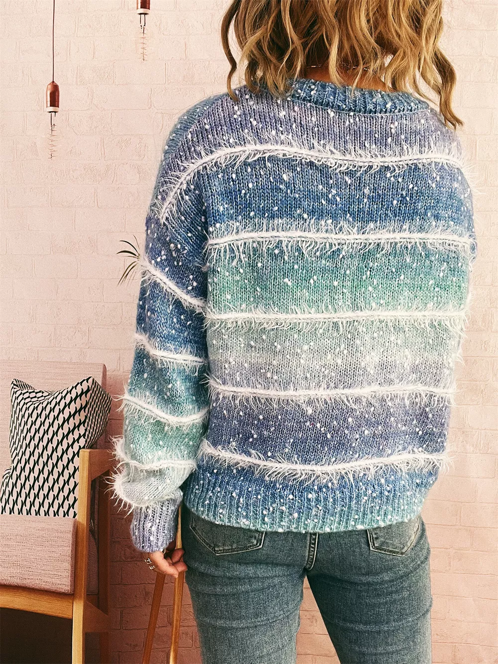 Gradient Striped Round Neck Sweater, image 5