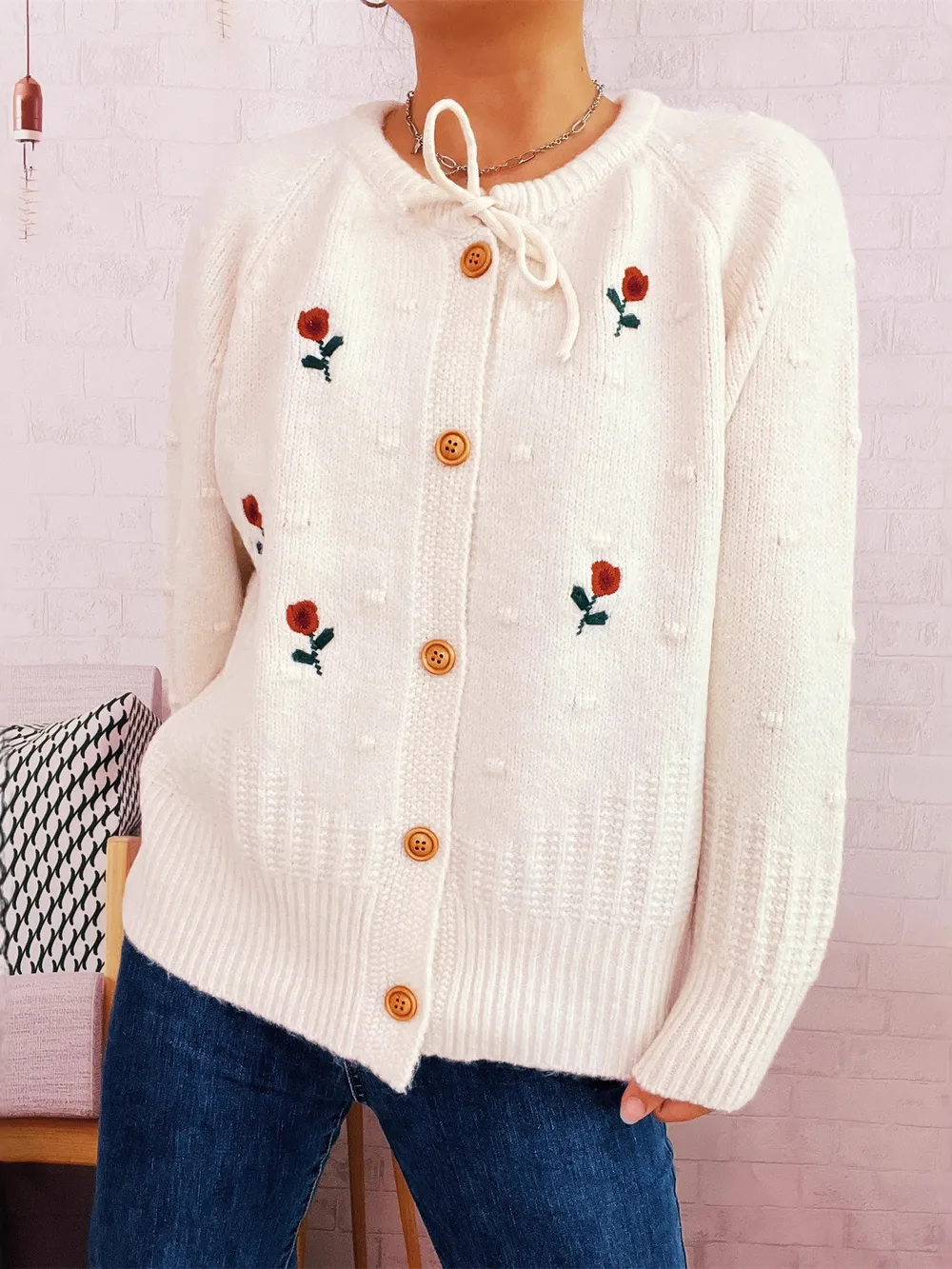 Rose Embroidered Button-Up Cardigan, image 2