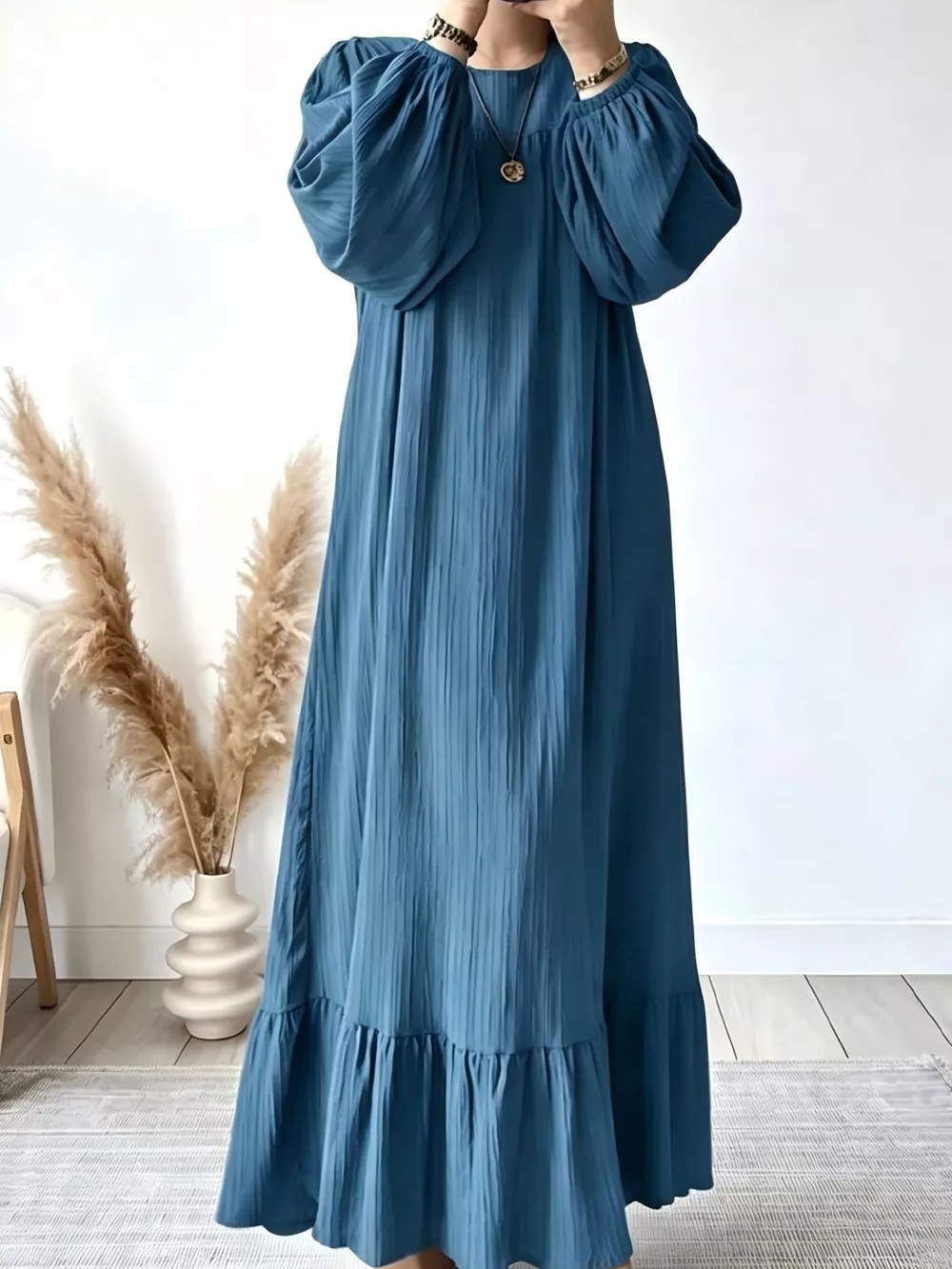 Full Size Textured Puff-Sleeve Maxi Dress Plus Size