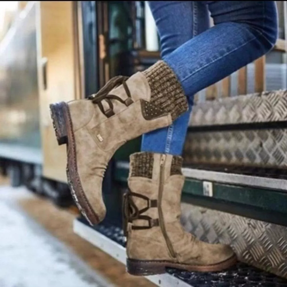 Knitted Cuff Round Toe Boots, image 8