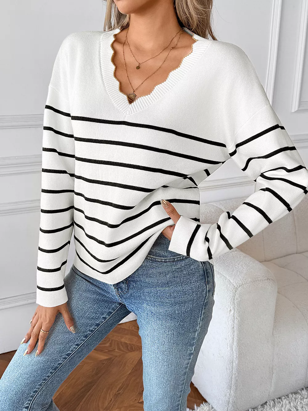 Striped V-Neck Long Sleeve Sweater, image 10