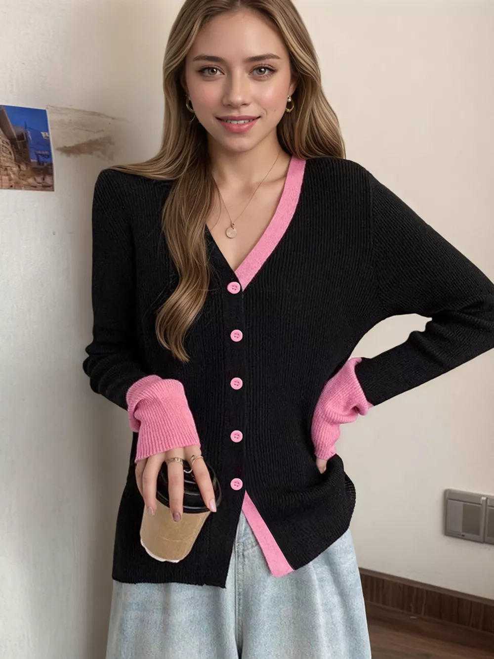 Contrast Trim Ribbed Knit Cardigan, image 7