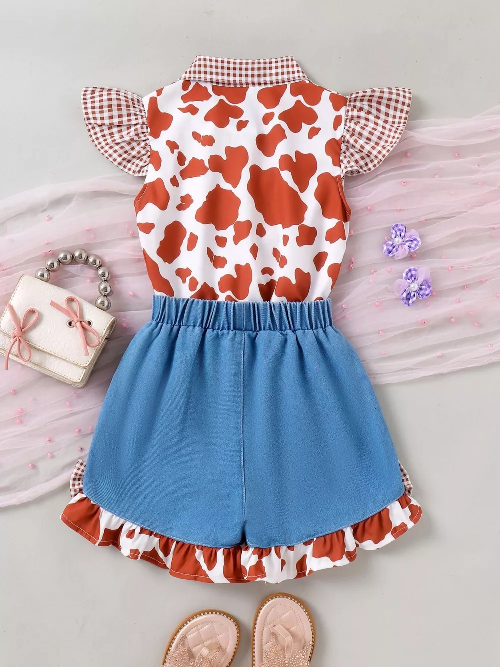 Children's Cow Print Ruffle Sleeve Top and Shorts Set, image 6
