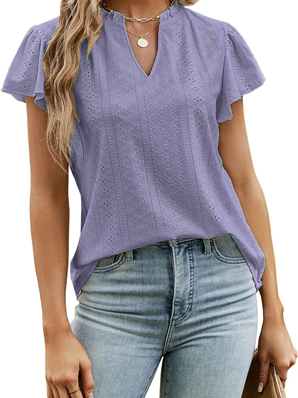 Eyelet Notched Short Sleeve T-Shirt, image 12