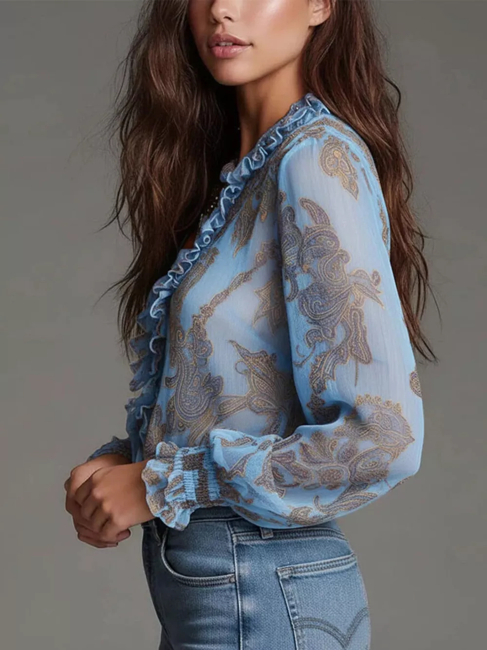 Full Size Paisley Print Ruffle Trim Zip-Front Blouse Plus Size, image 10