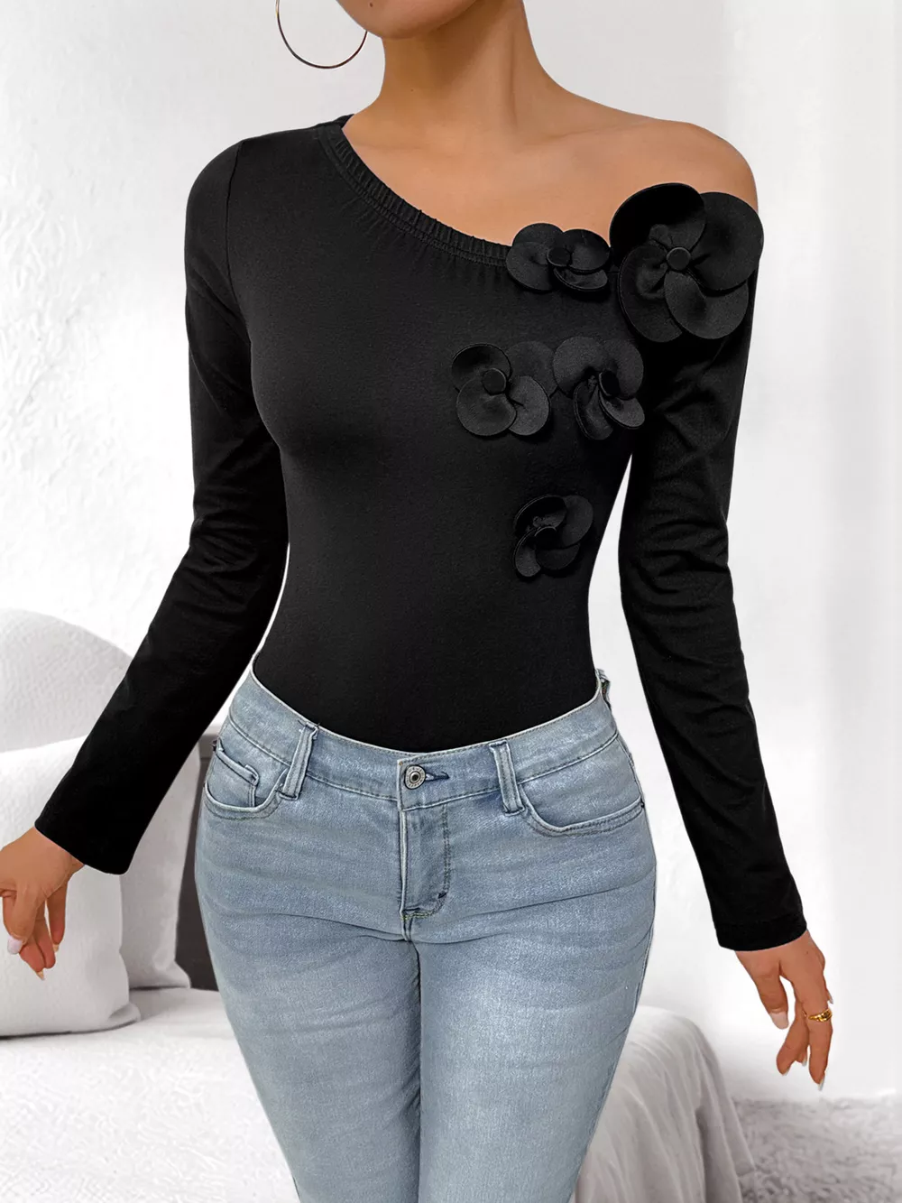 Flower One Shoulder Long Sleeve Bodysuit, image 11