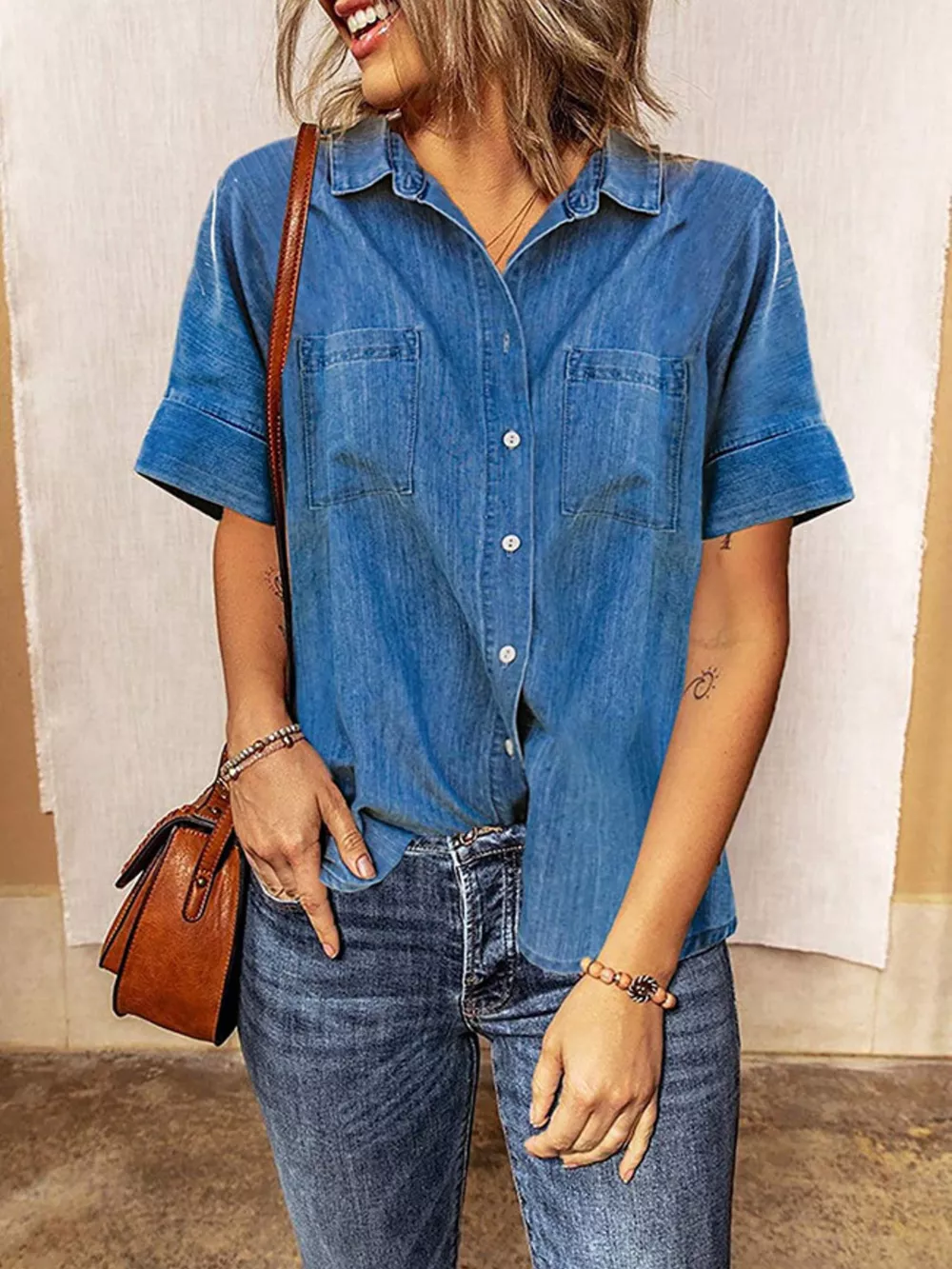 Casual Short Sleeve Denim Shirt, image 3