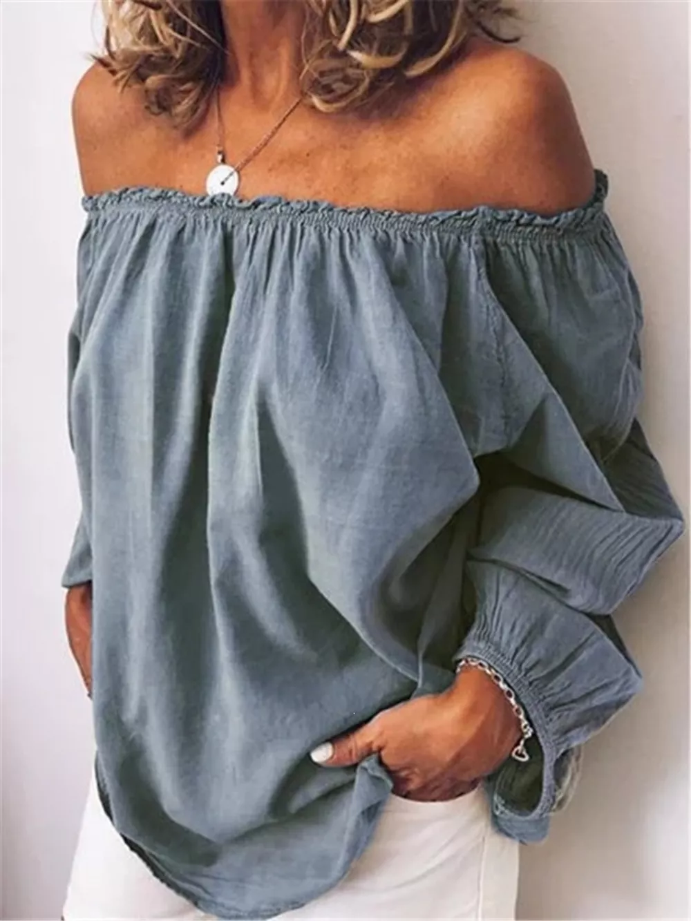 Off-Shoulder Frill Trim Blouse, image 4