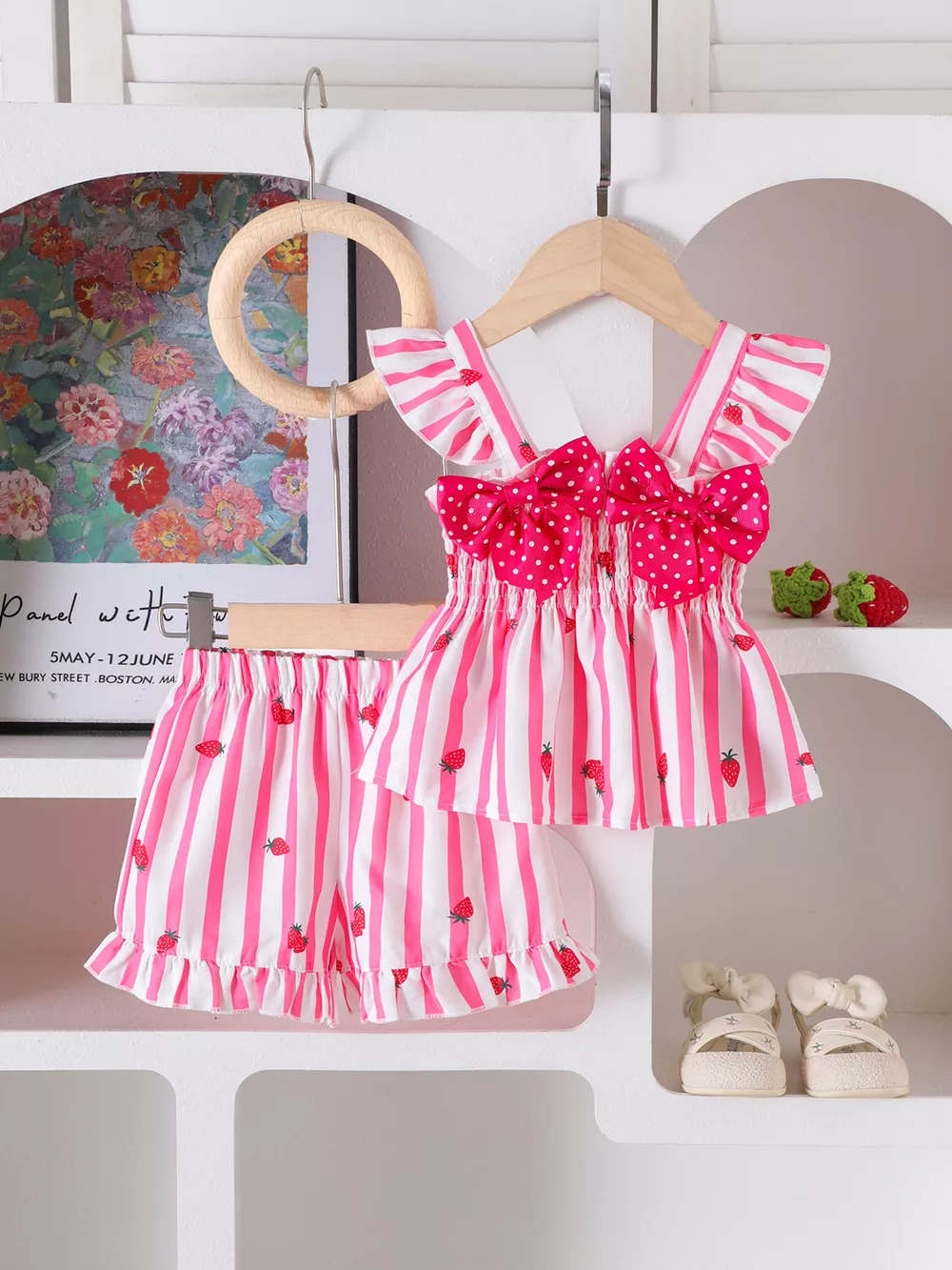 Children's Bow Ruffled Striped Top and Shorts Set, image 2