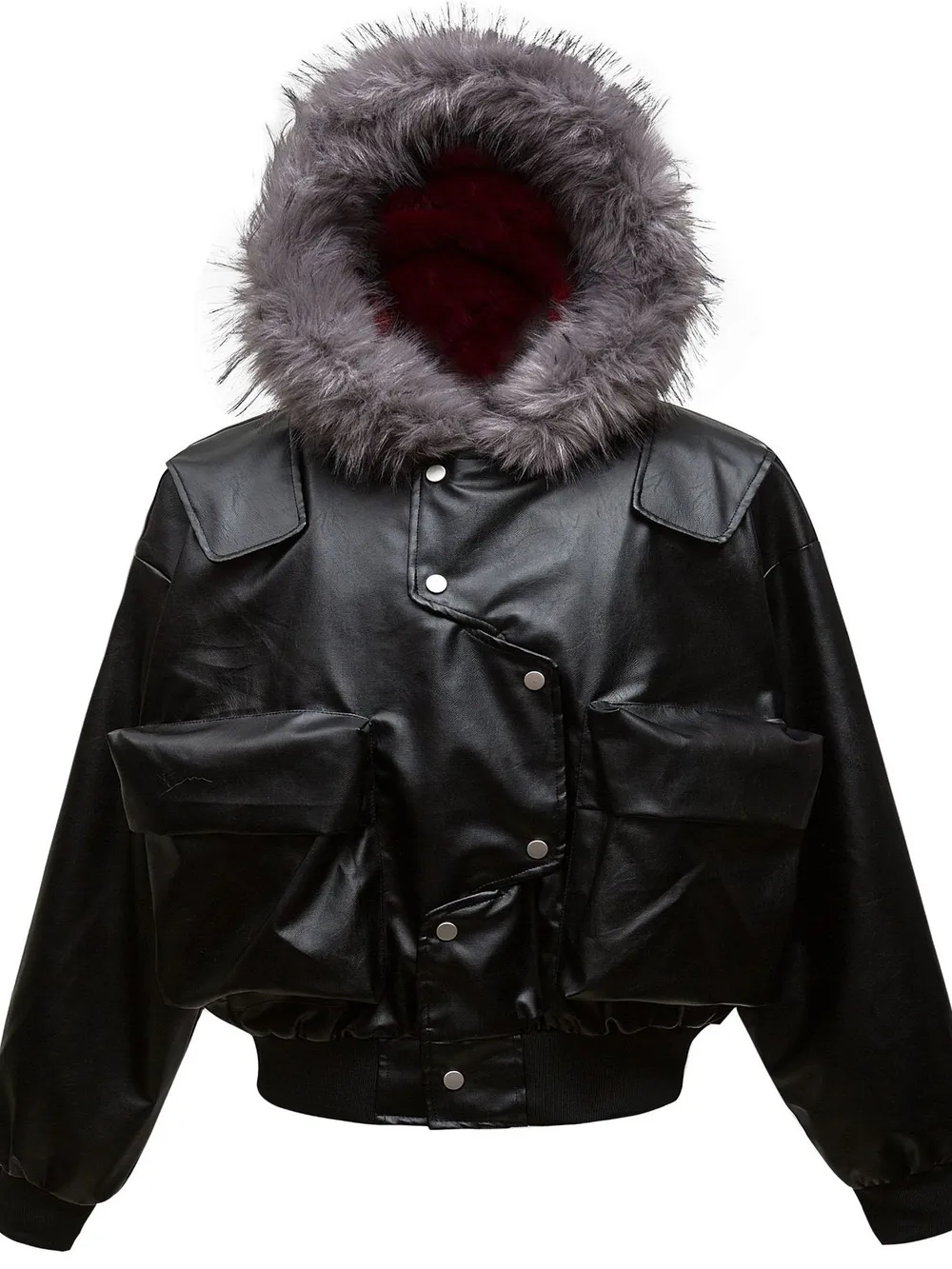 Men's Leather Bomber Jacket with Faux Fur Hood