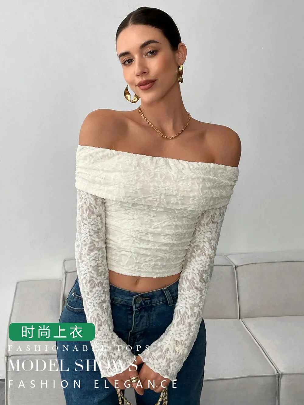 Off Shoulder Long Sleeve Lace Top, image 4