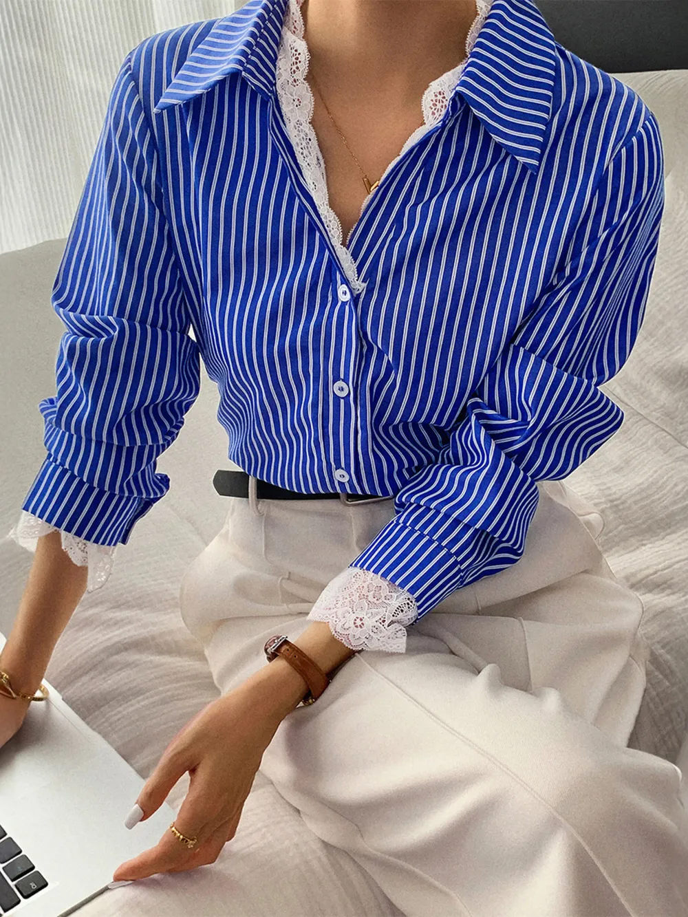 Striped Button-Down Shirt with Lace Detail, image 2