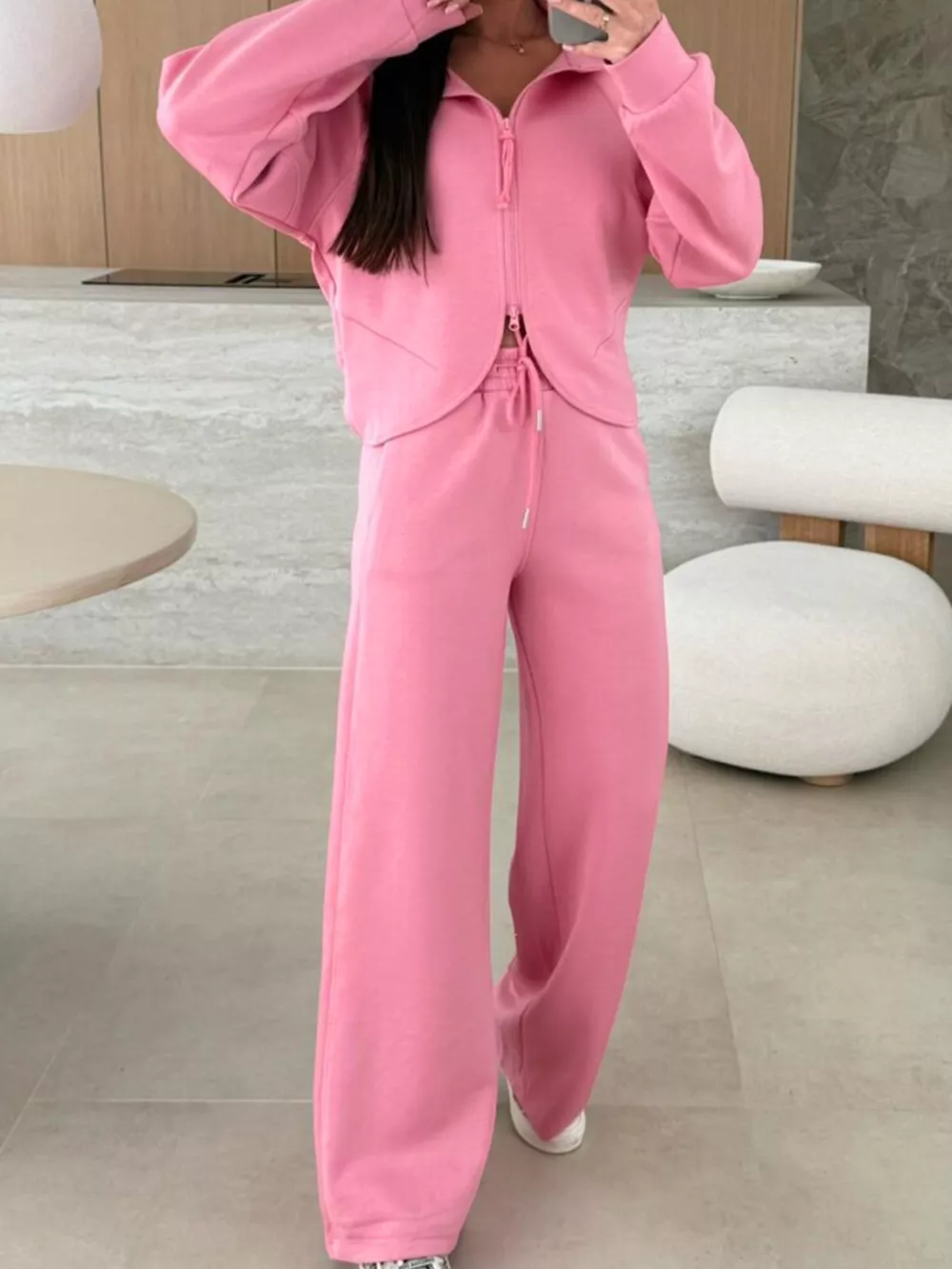 Solid Color Zip Up Hoodie Drawstring Loose Pants Set, image 15