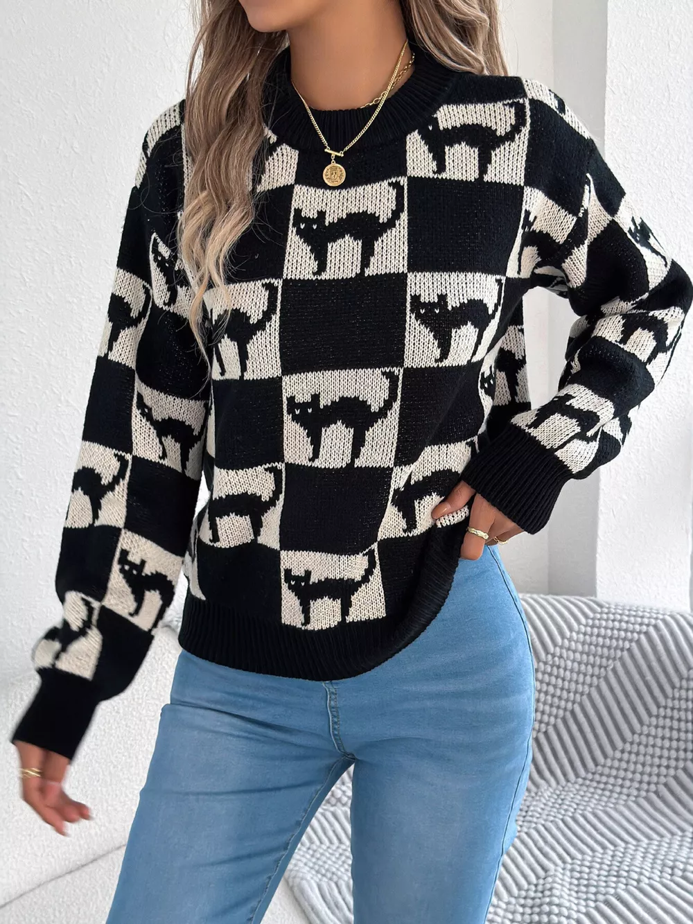 Checkerboard Halloween Graphic Sweater, image 15