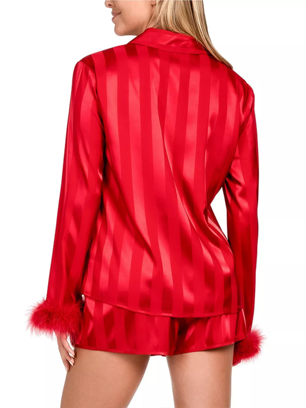 Striped Feather Trim Shirt and Shorts Lounge Set, image 6