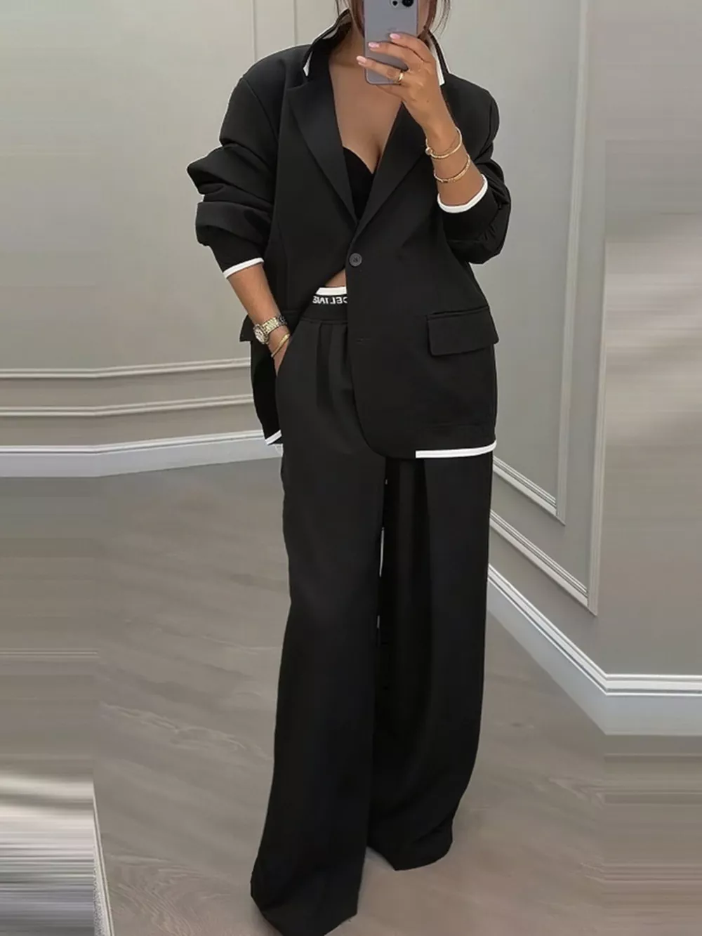 Full Size One Button Blazer and Wide-Leg Pants Set Plus Size, image 3
