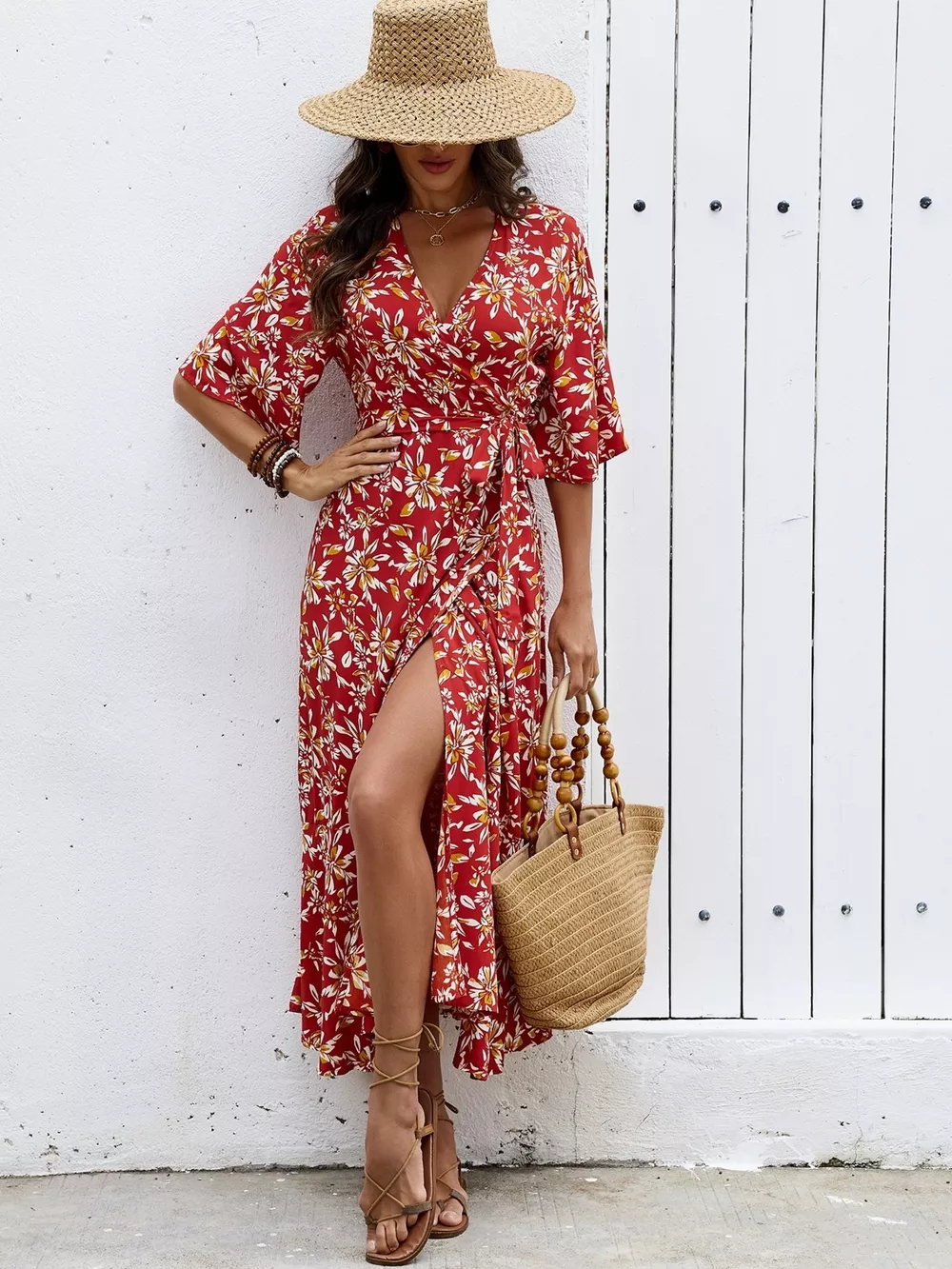 Slit Printed Surplice Midi Dress, image 10