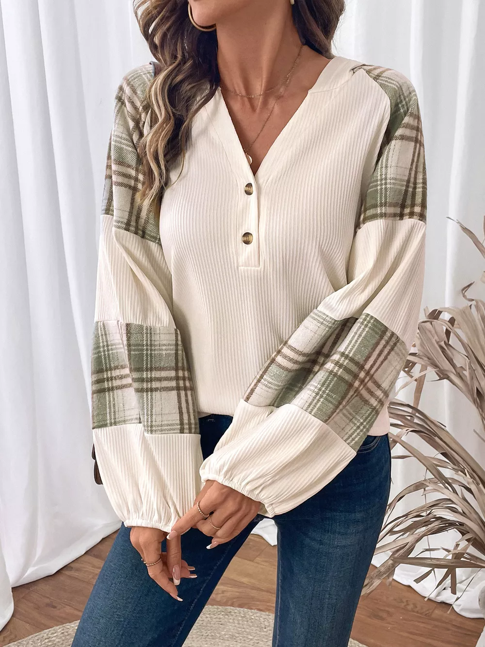 Plaid V-Neck Button Front Sweatshirt, image 4