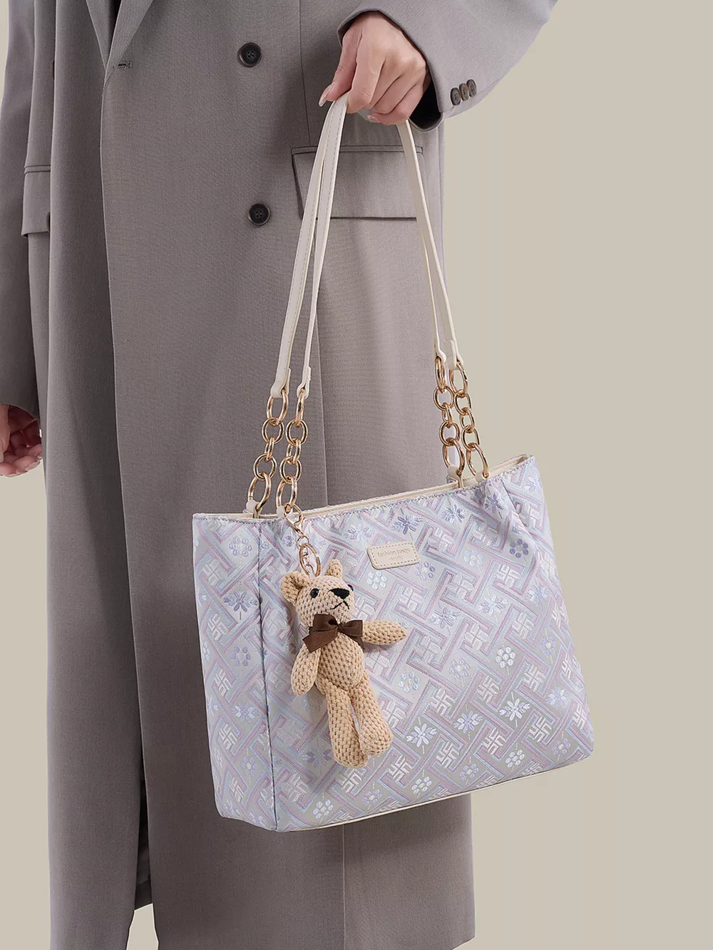 Geometric Pattern Jacquard Shoulder Bag with Detachable Teddy Bear Charm