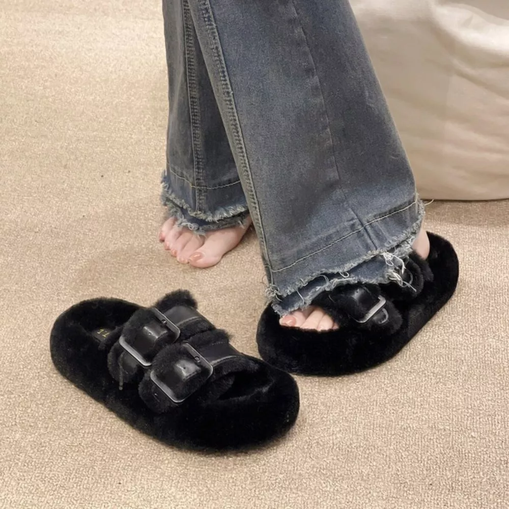 Fuzzy Buckle Detail Slippers, image 10