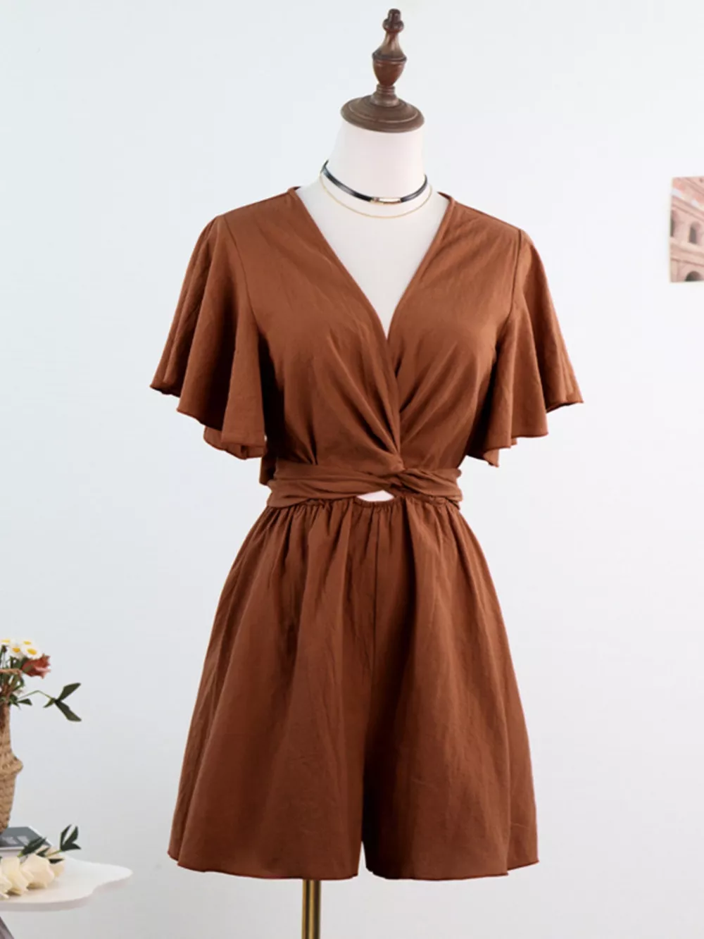Tie Waist Flutter Sleeve Romper, image 15