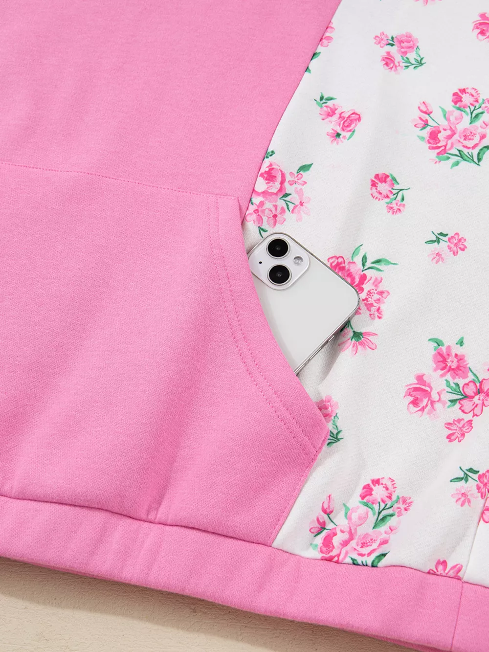 Plus Size Contrast Polo Collar Floral Patchwork Elastic Cuffs Long Sleeve Top, image 6