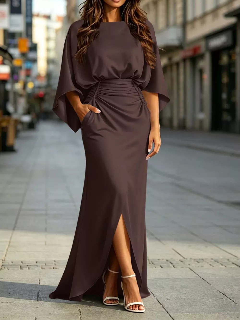 Ruched Waist Maxi Dress with Pockets, image 9